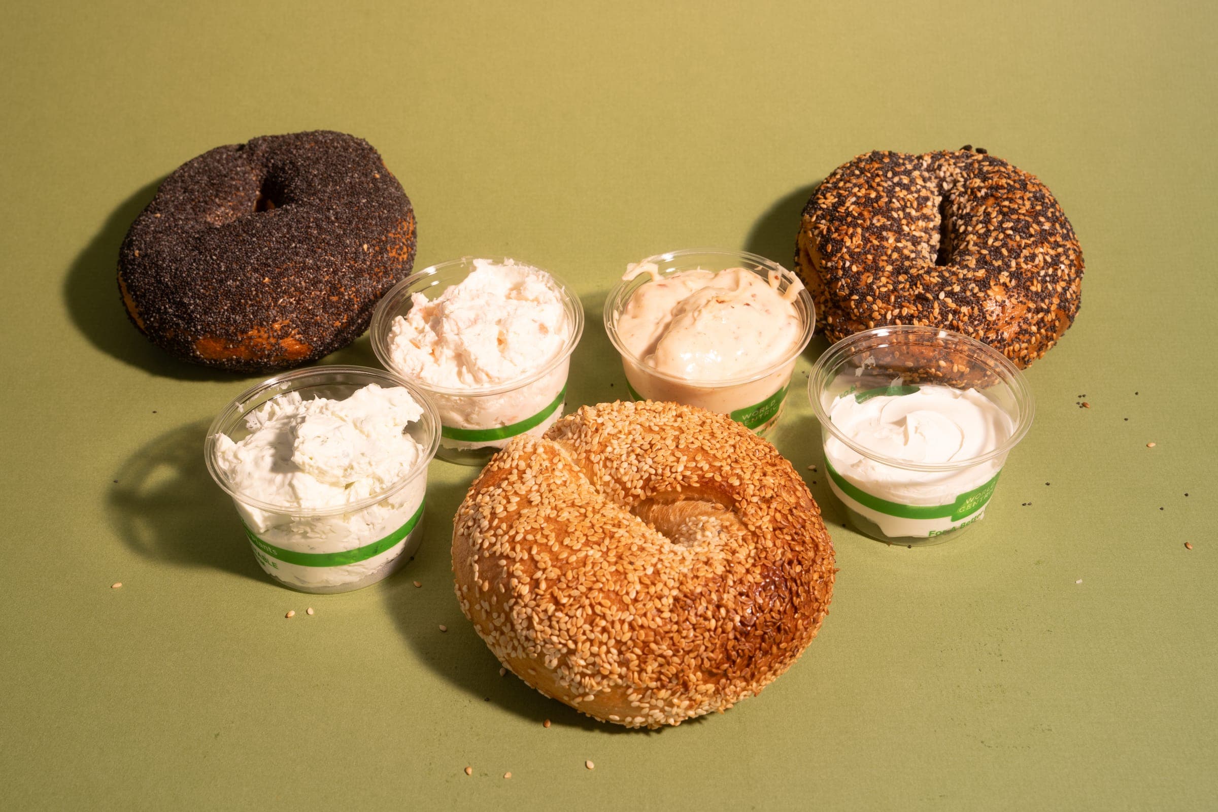 Sesame, poppy and everything bagels with four cream cheeses